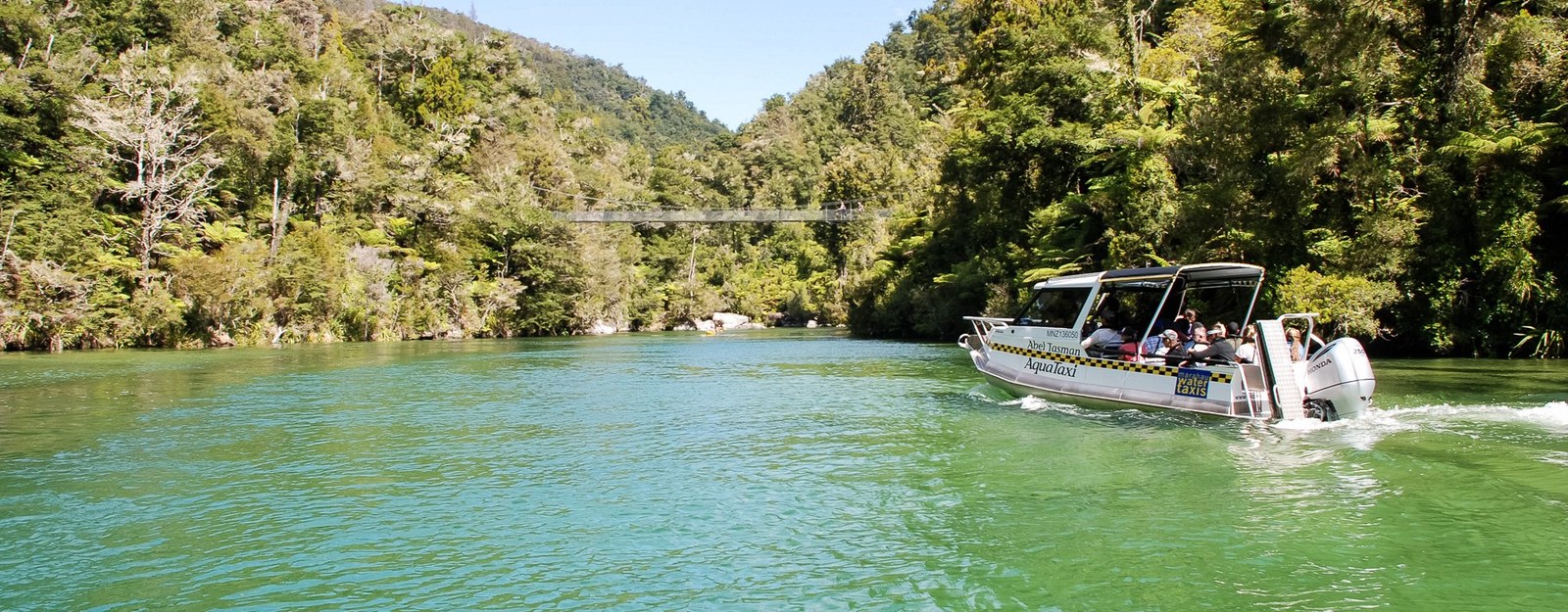 Falls Riverの緑の水面を進むAquaTaxiの水上タクシー。奥には森の中の吊り橋が見える
