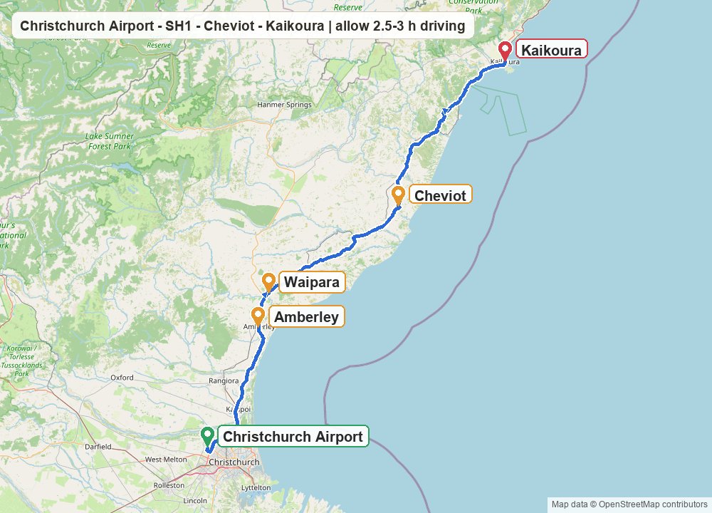 クライストチャーチ空港からSH1を北上し、Amberley、Waipara、Cheviotを経てカイコウラへ向かう道路ルート