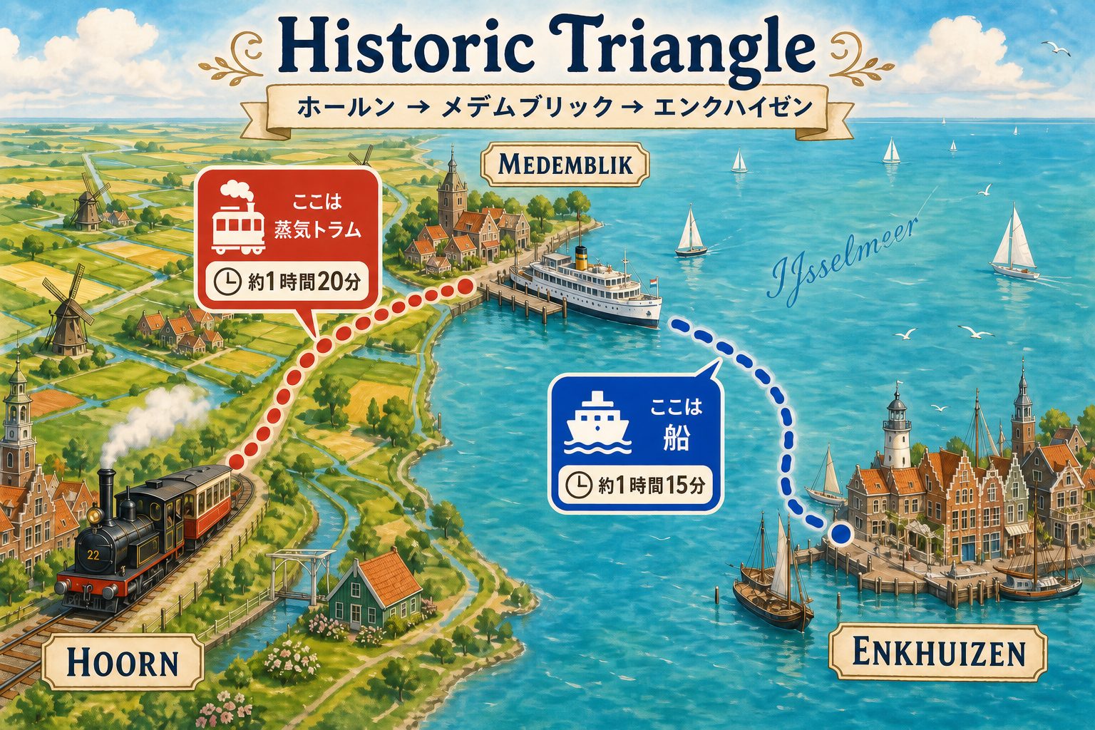 ホールンからメデムブリックまでは蒸気トラム、メデムブリックからエンクハイゼンまでは船。これが「Historic Triangle（歴史の三角形）」のルート