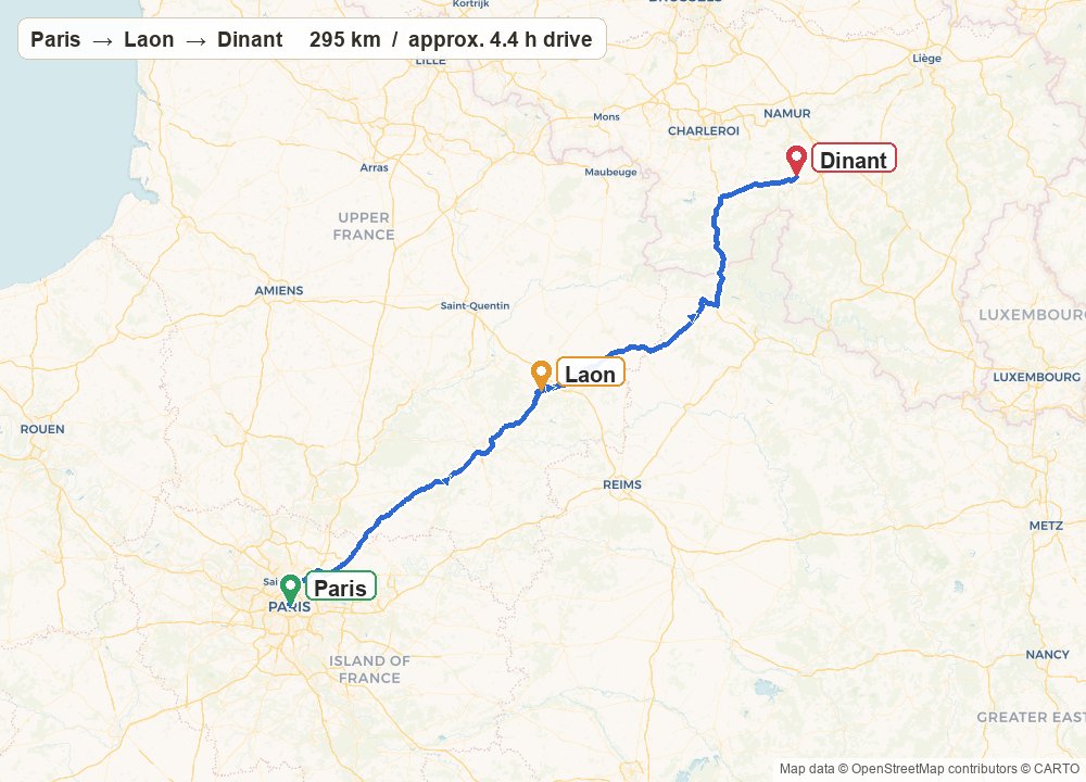 パリ → ラオン → ディナンのルート(車で約4時間半・約295km)