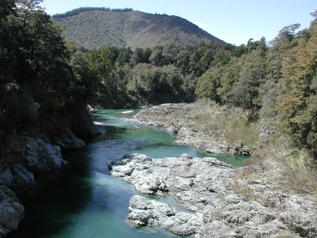 ペロルス・ブリッジから見た緑色の川と岩場、両岸に広がる森