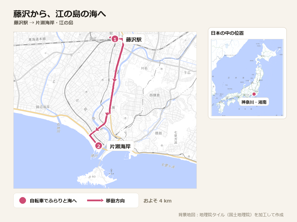 クリックで拡大 藤沢駅から片瀬海岸・江の島までの地図。自転車で境川ぞいを南へ約4km下ると、江の島の見える海に出る。