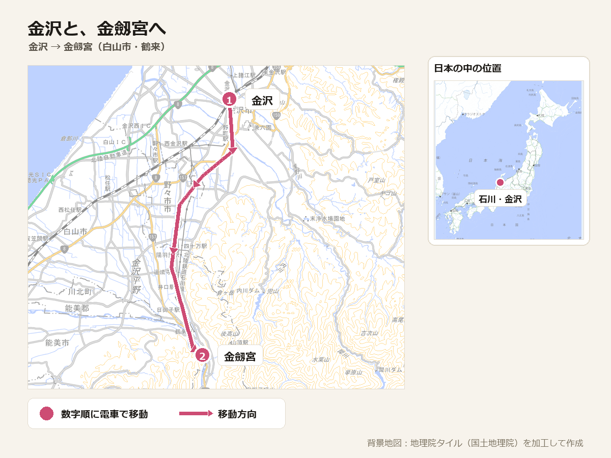 石川・金沢の旅の地図。金沢の街から、北陸鉄道石川線ぞいに南へ約17km、白山市鶴来の金劔宮まで電車でめぐる順路。