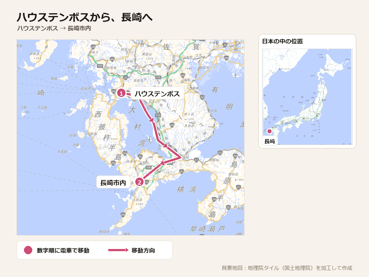 クリックで拡大 長崎の旅の地図。佐世保のハウステンボスから、大村湾ぞいに大村・諫早をまわって長崎市内まで、電車でめぐる順路。
